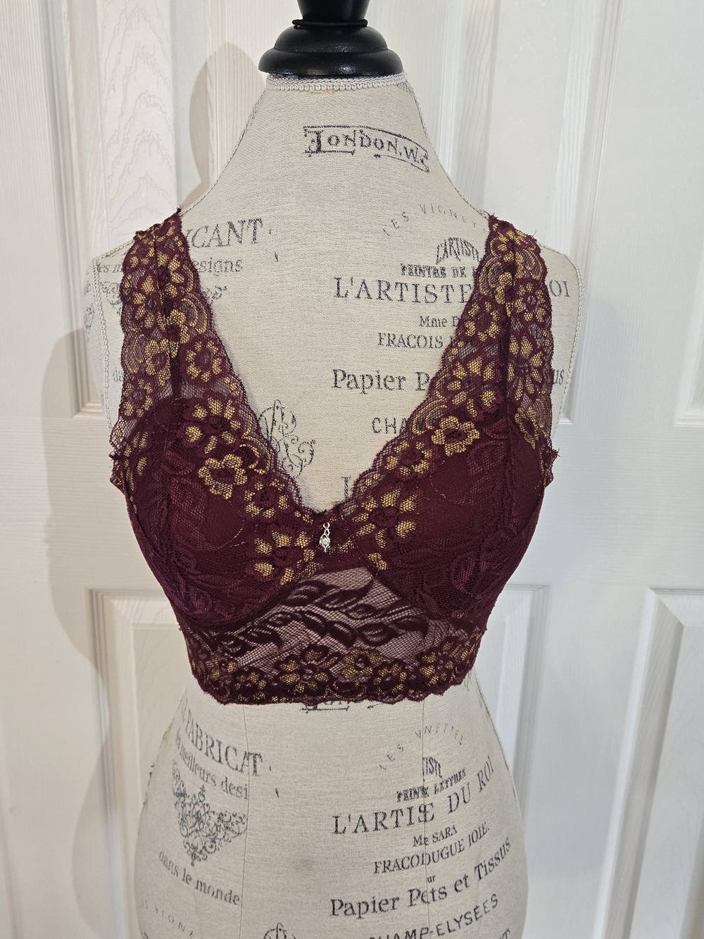 Wireless Floral Lace Bralette Bra XL Burgundy Gold Sheer Stretch Pullover